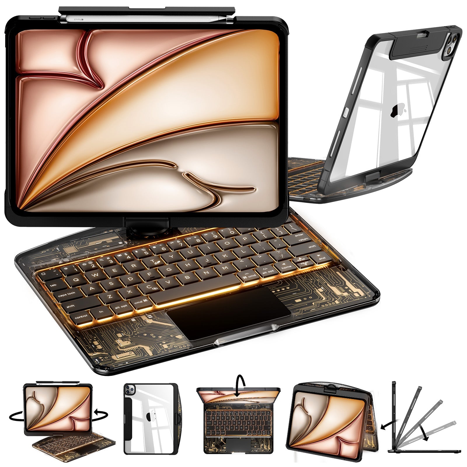 swivel keyboard case transparent black gold