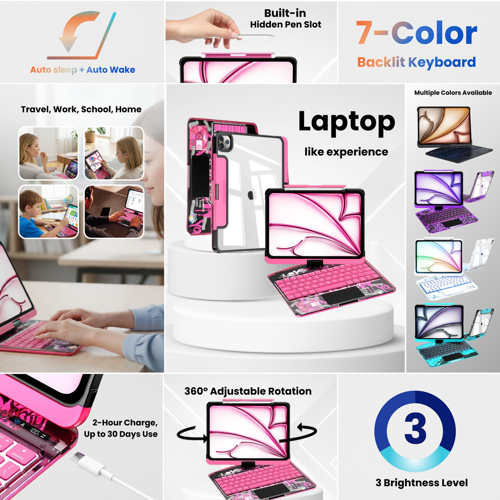 360° Swivel Clear Keyboard Case for iPad · Neon Fuchsia