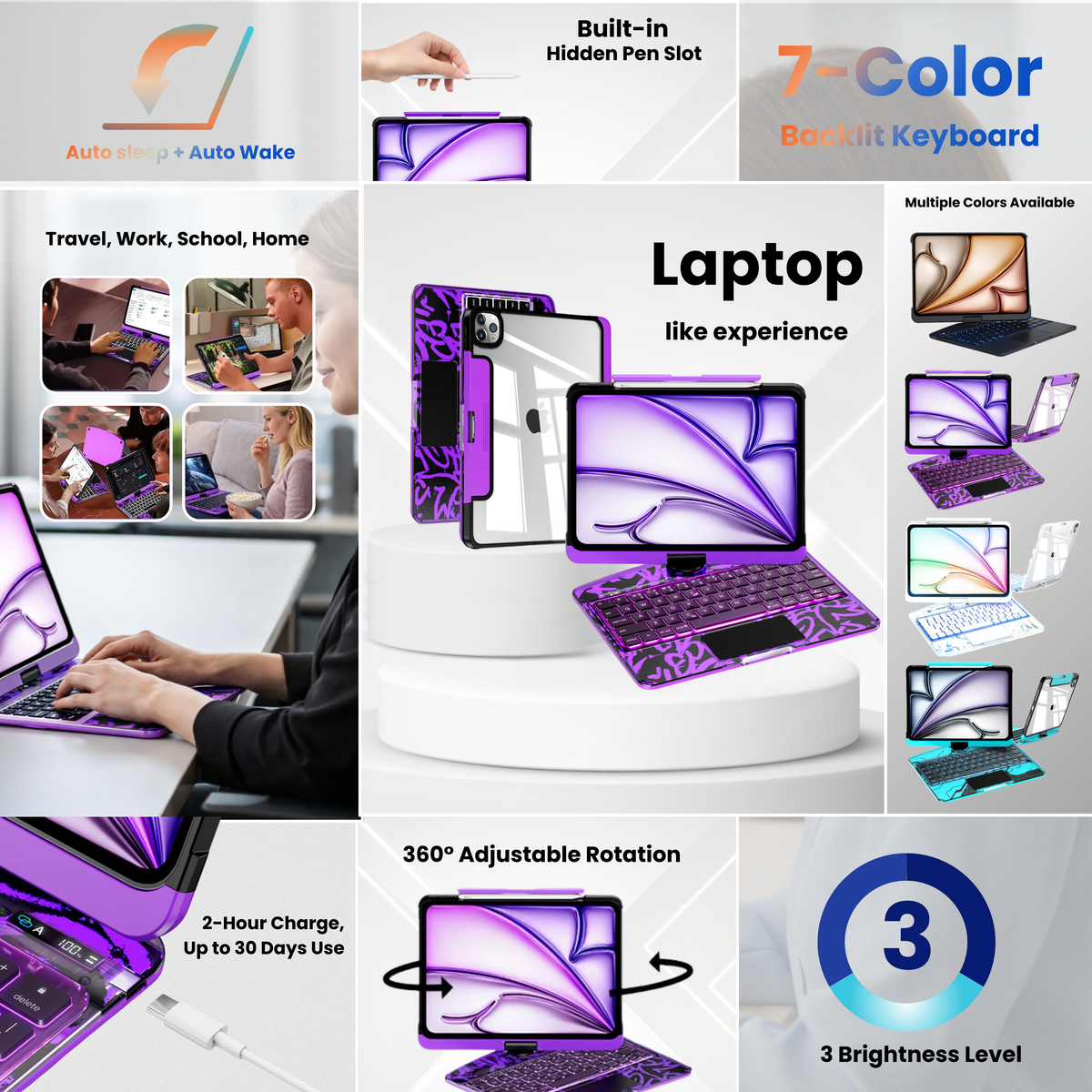360° Swivel Clear Keyboard Case for iPad · Transparent Violet